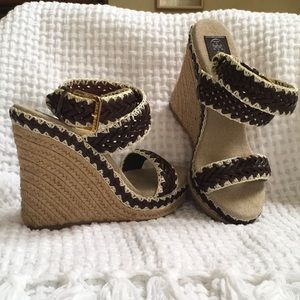Tory Burch wedges with wrap around ankle..
